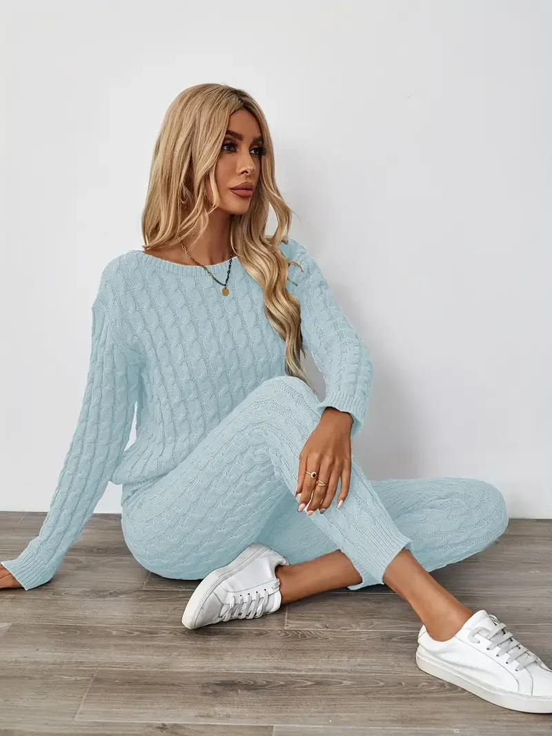 Solid Knitted Matching Two-piece Set, Casual Long Sleeve Sweater & Pants Outfits, Women's Clothing