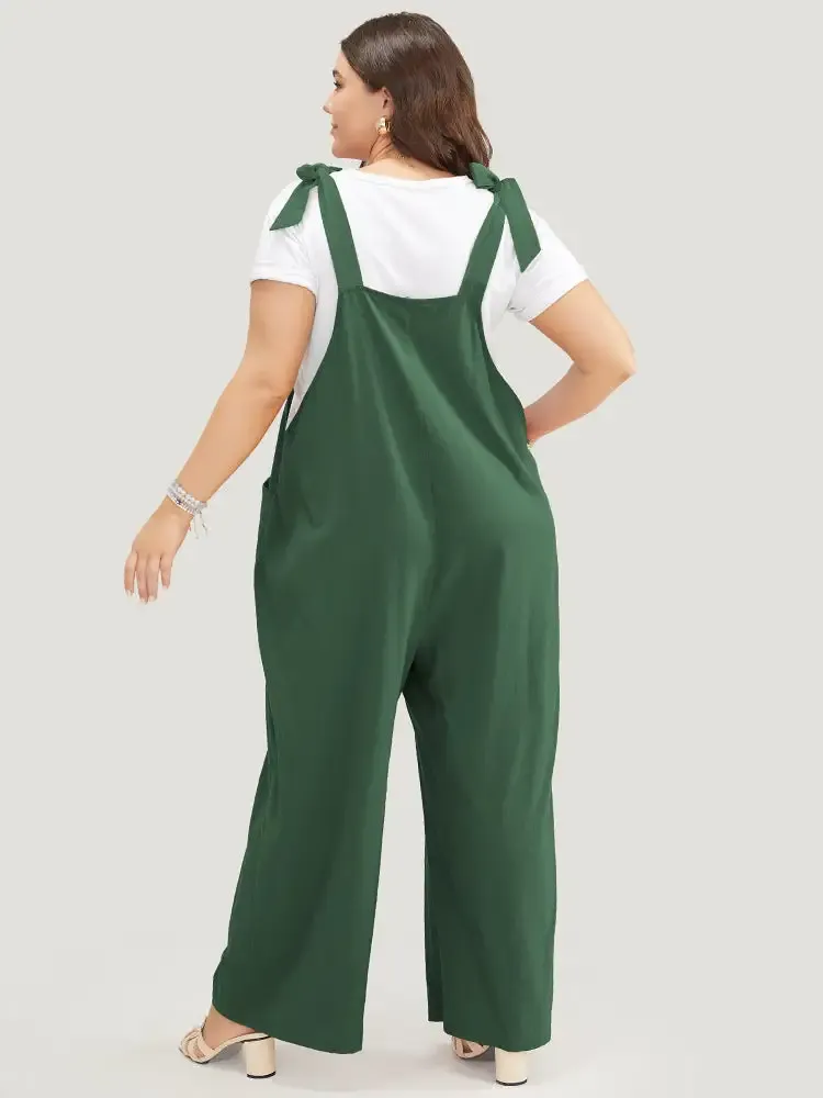 Solid Pleated Detail Pocket Knotted Shoulder Overall Jumpsuit