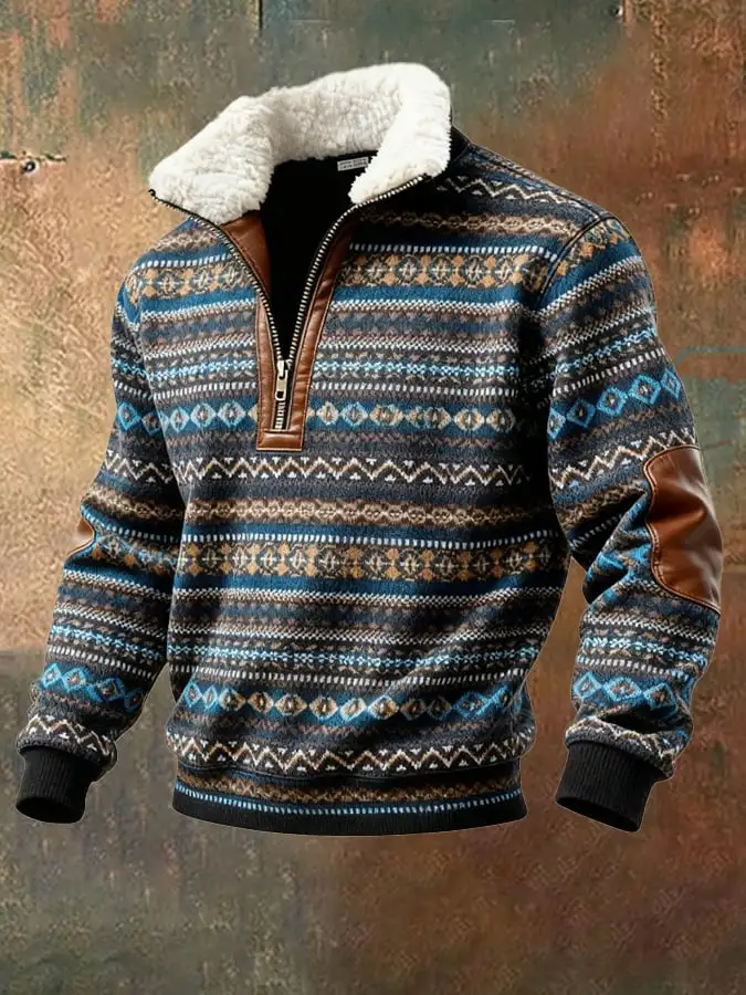 Men's Retro Color Block Print Casual Fur Collar Sweatshirt