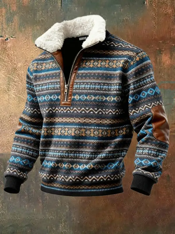 Men's Retro Color Block Print Casual Fur Collar Sweatshirt