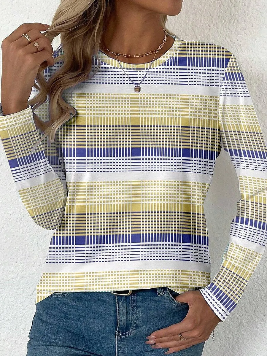 Easter Women's T shirt Long Sleeve Crew Neck Long Sleeve Tunic Graphic Plaid Stylish Modern Casual Regular Tops Daily Print Yellow Pink Blue Purple Green Fall Prefall