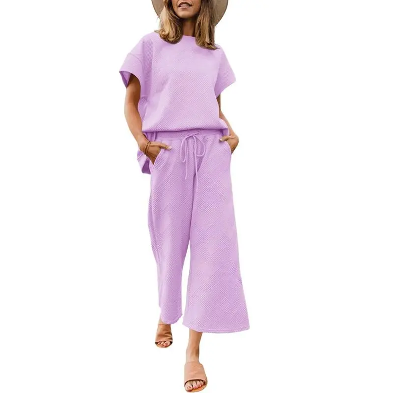 Women's 2-Piece Knit Loungewear Set – Short Sleeve Top & Cropped Wide Leg Pants