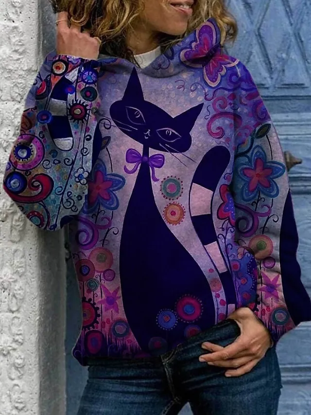 Women's Hoodie Pullover Cartoon Cat Daily Other Prints Basic Hoodies Sweatshirts  Loose Gray Purple Orange