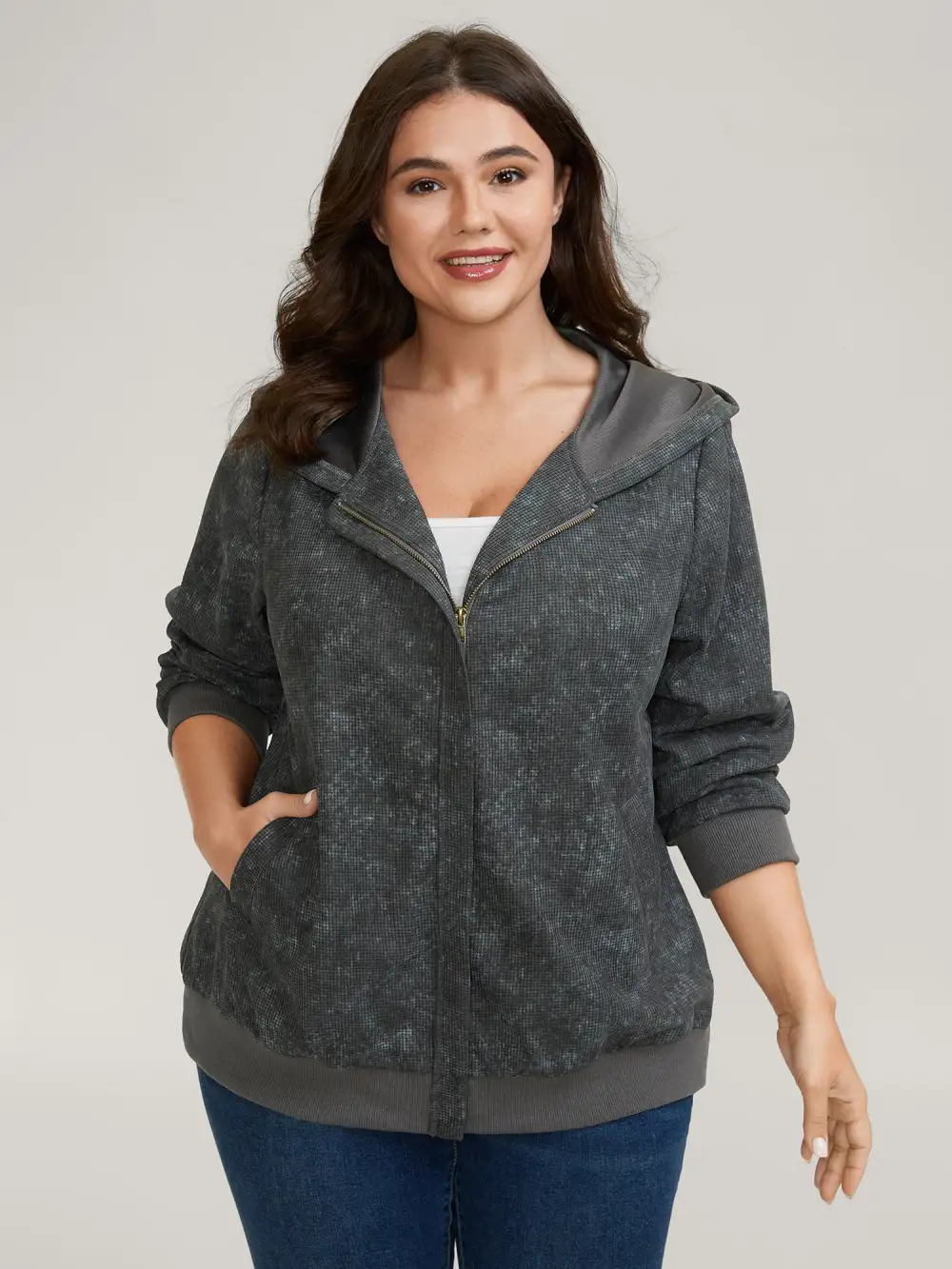 Waffle Texture Solid Zipper Hoodie