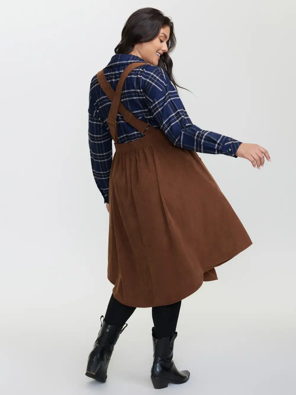 Corduroy Deep V-Neck Adjustable Midi Dress