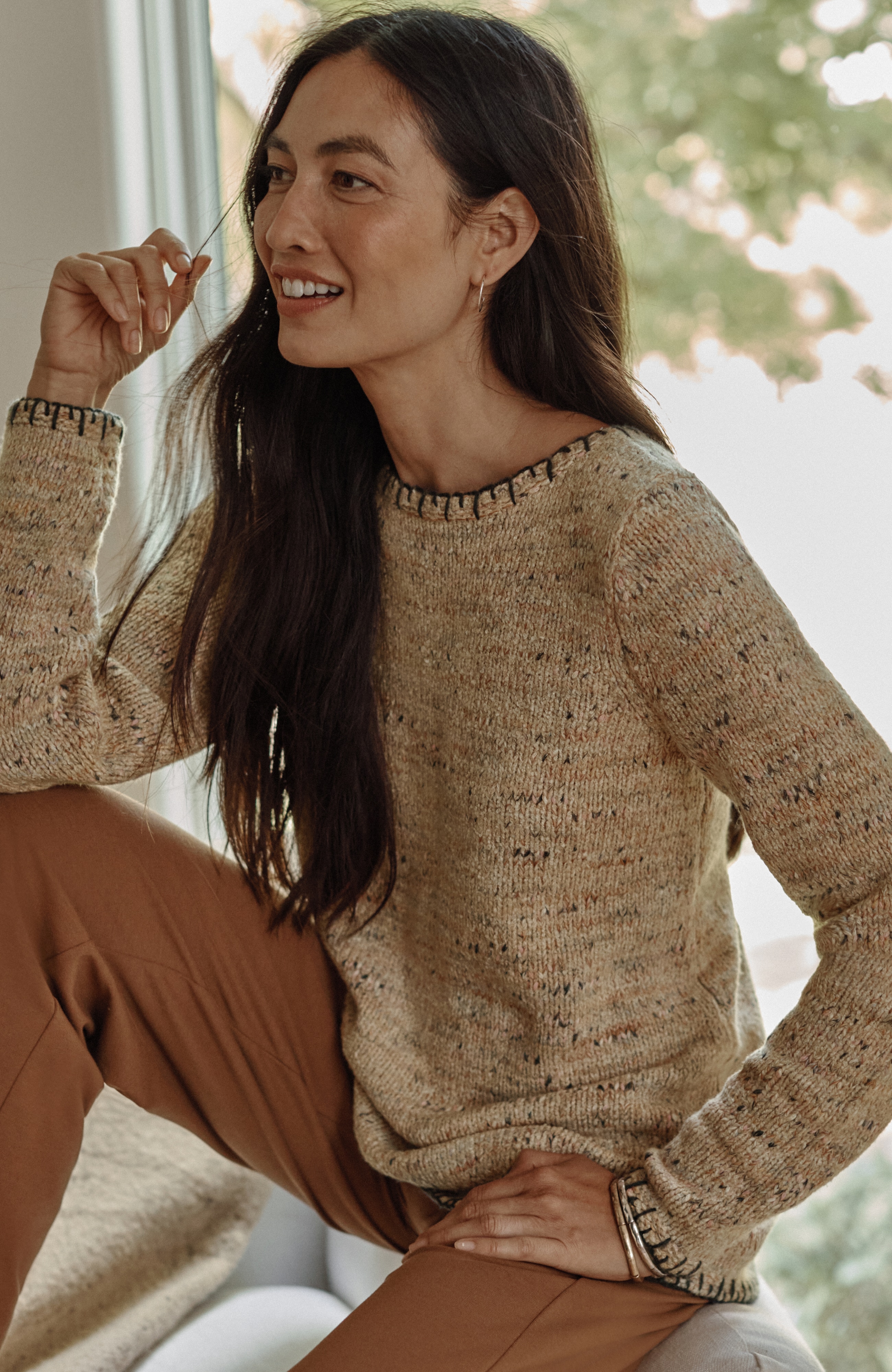 Pure Jill Whipstitch-Trimmed Pullover Sweater