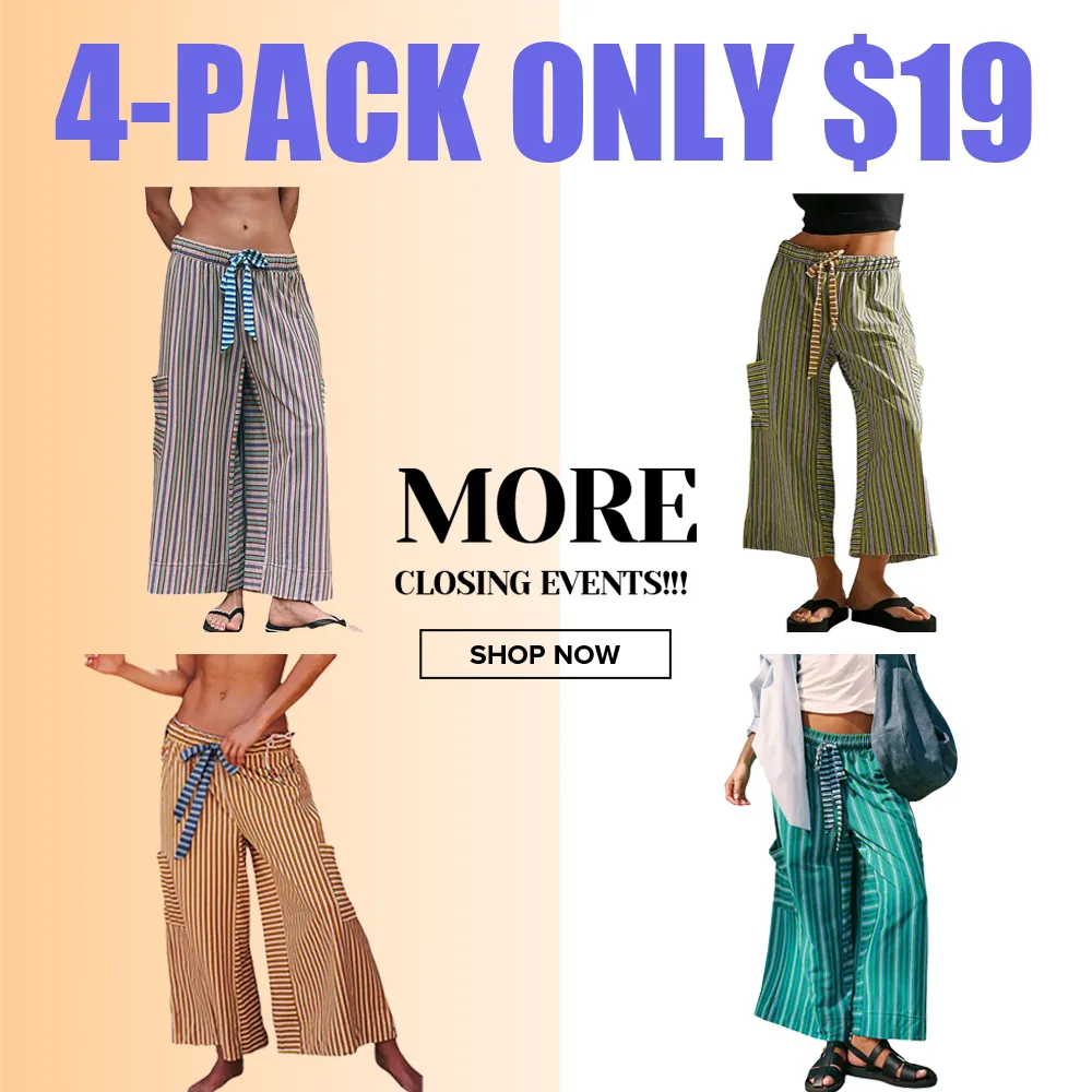 Women’s Striped Wide-Leg Pants-Drawstring, Loose Fit, Pockets