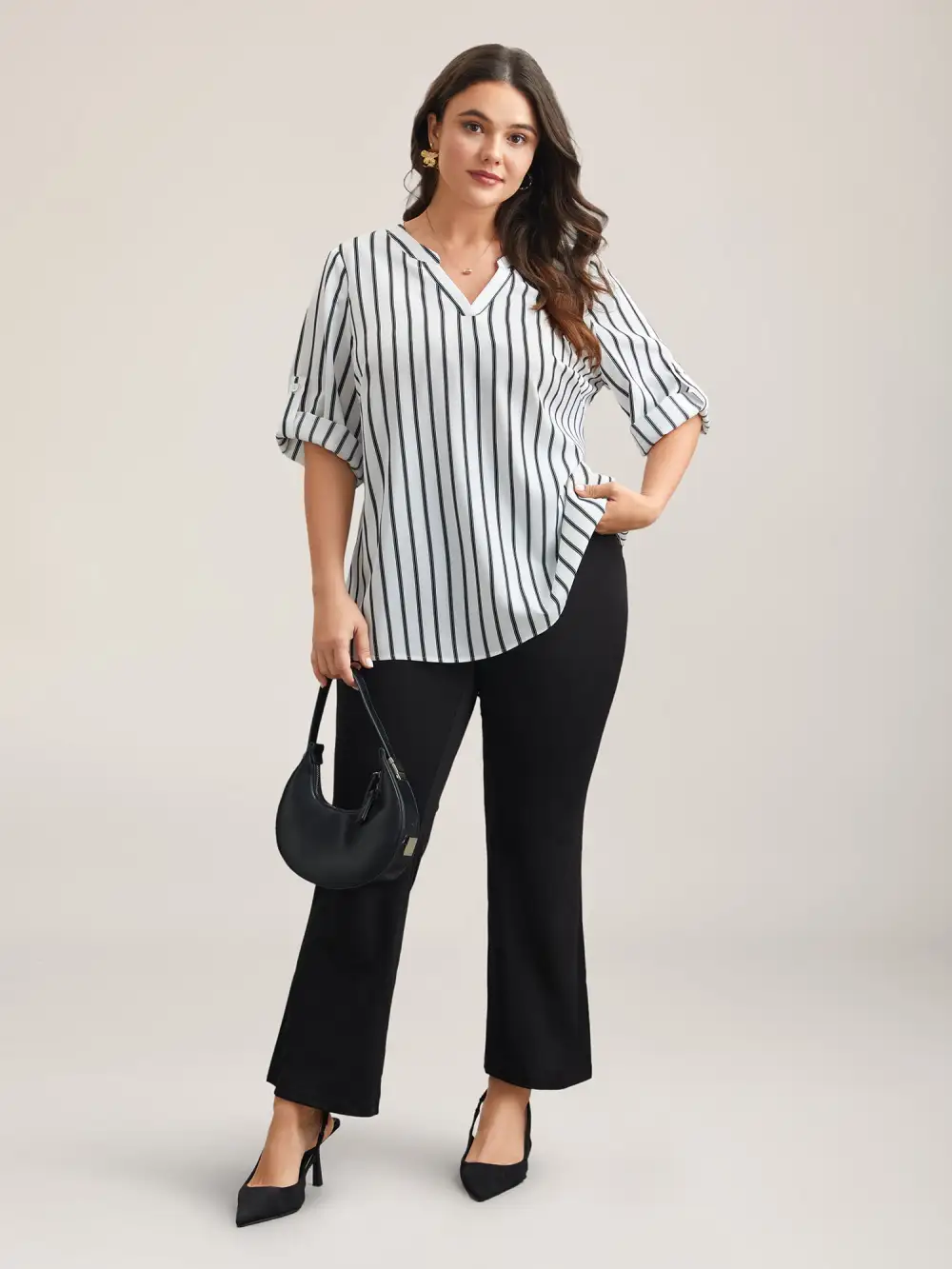 Notched Collar Striped Tab Sleeve Shirt