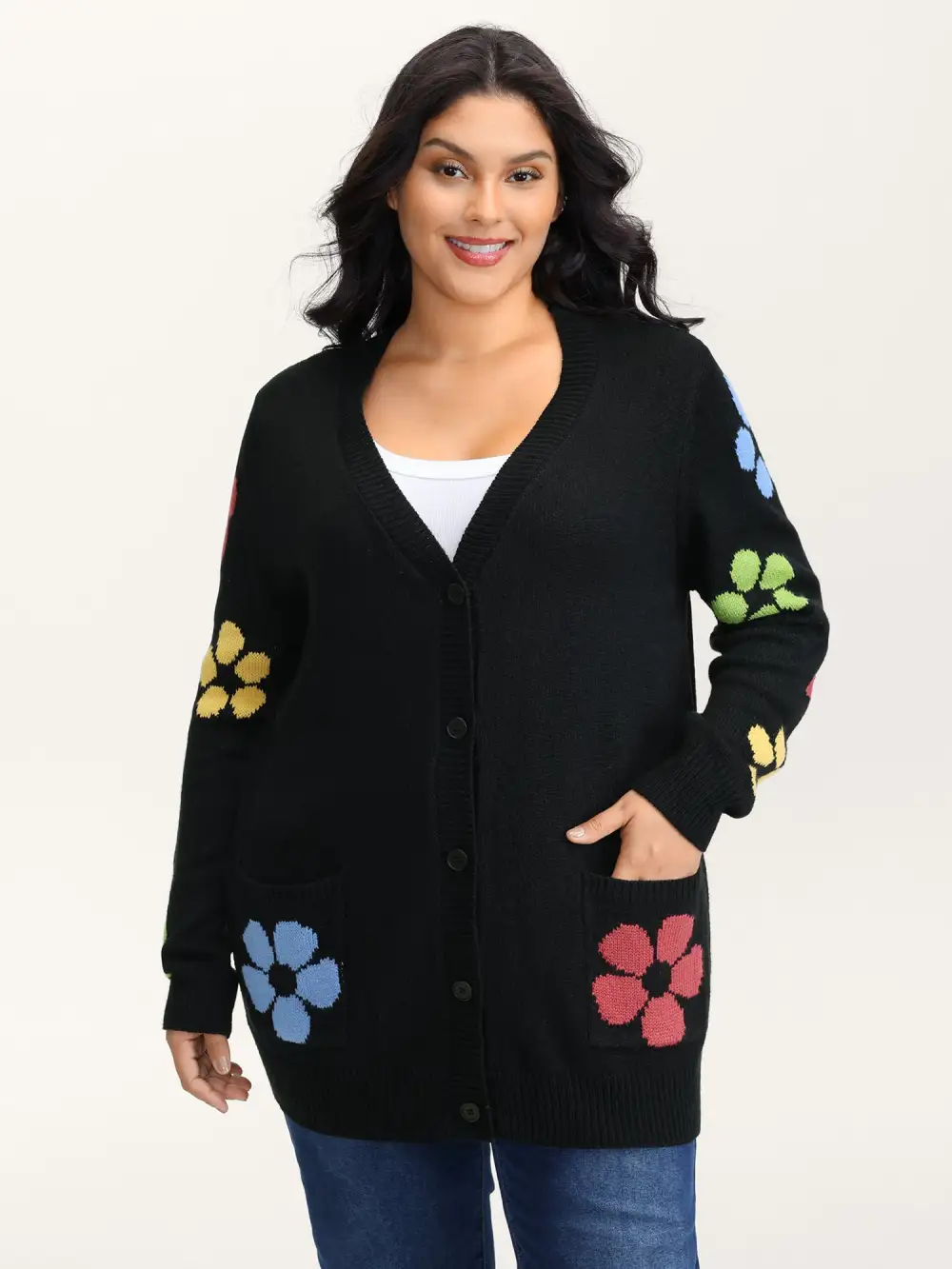 Colorful Floral Pattern Button Knit Cardigan
