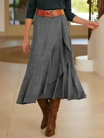 Casual Plain Autumn Suede Natural Daily Midi A-Line Skirt for Women