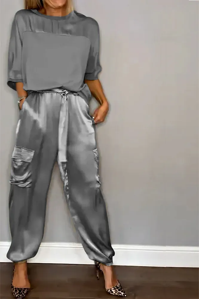 Women's Smooth Satin Half-sleeved Top and Pant Suit Two-piece