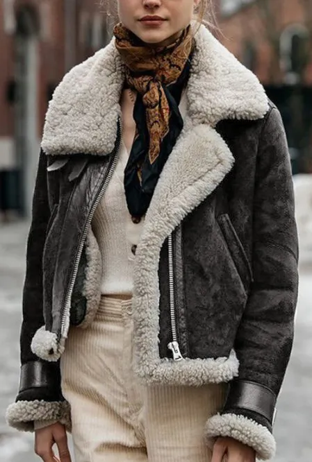Women's Lambs Wool and Fur Aviator Jacket