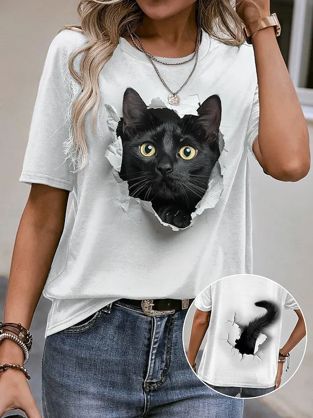 Women's T shirt Tee 3D cat Animal Print Daily Weekend Fashion Short Sleeve Round Neck White Summer