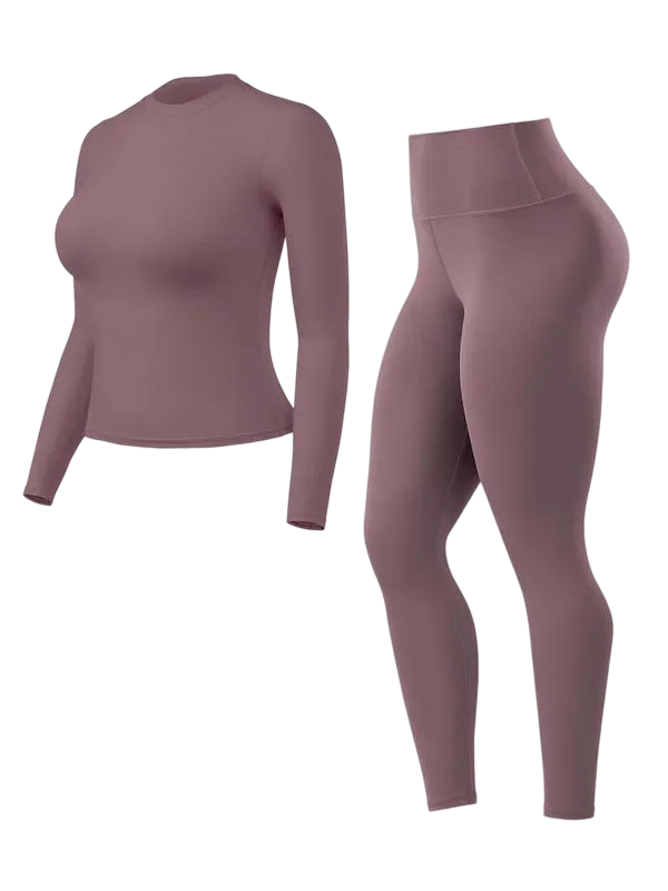 Women's Solid Long Sleeve Tee & High Waist Leggings Sportswear Set