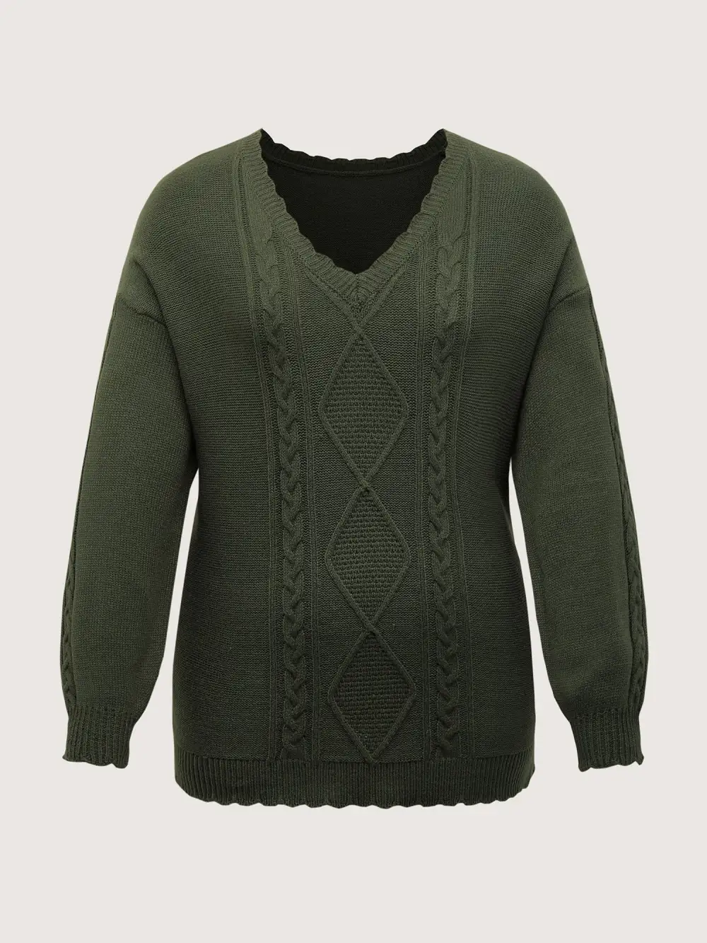 CableKnit Balloon Sleeve V-Neck Pullover