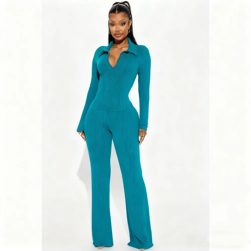 Ribbed Knit Collared Deep V Slim-Fit Set - Fashion Two-Piece with Flared Pants