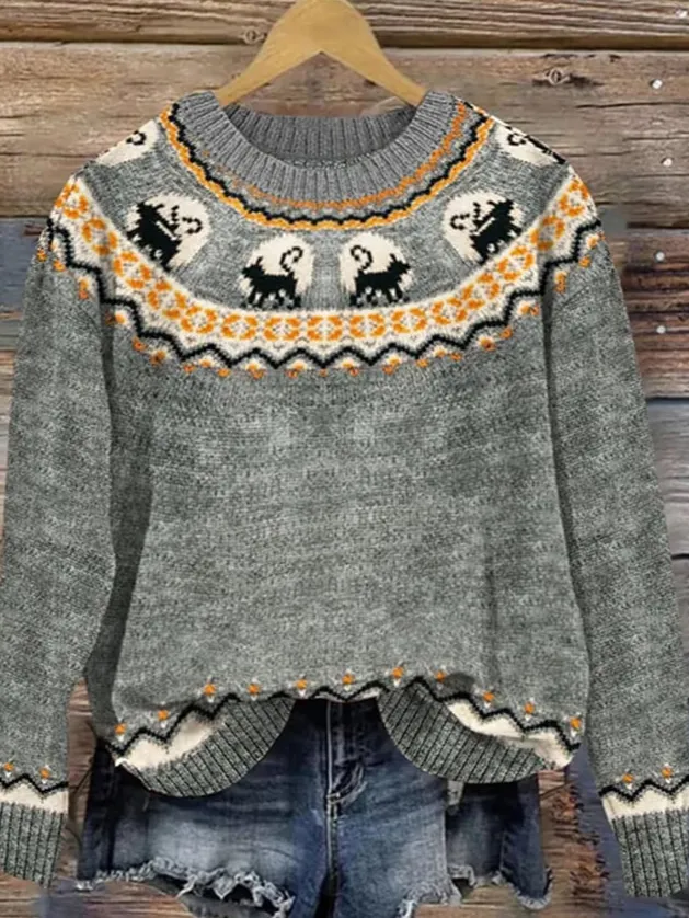 Women's Casual Round Neck Print Knitted Sweater