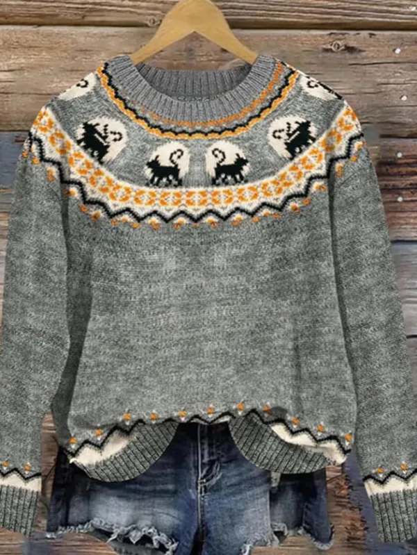Women's Casual Round Neck Print Knitted Sweater