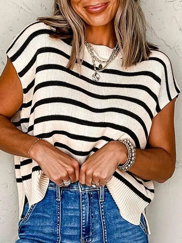 Women's Striped Knit Sweater – Lightweight Crew Neck Pullover for Summer