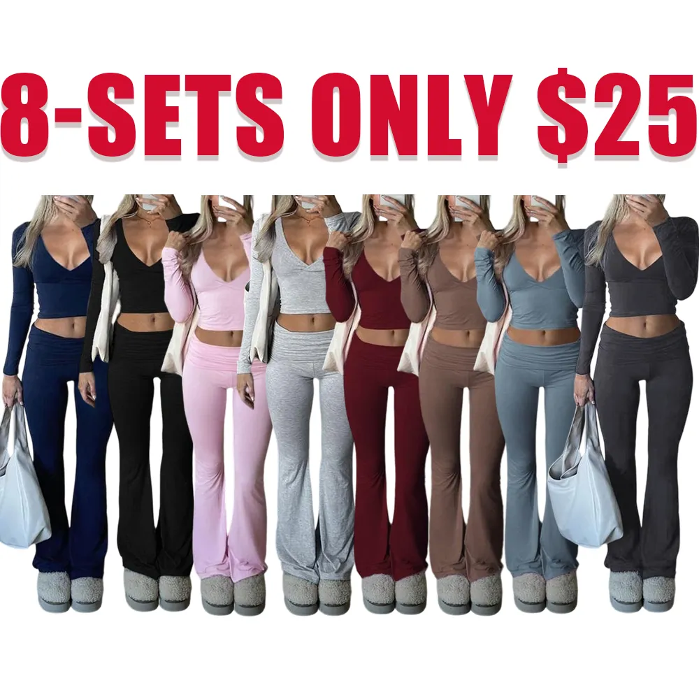 Fall/Winter Elegant 2-Piece Set: Slim-Fit V-Neck Long Sleeve Crop Top & Plain Pants