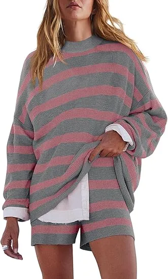 Womens Oversized Lounge Sets 2 Piece Outfits Striped Matching Pajama Set Long Sleeve Sweater Set