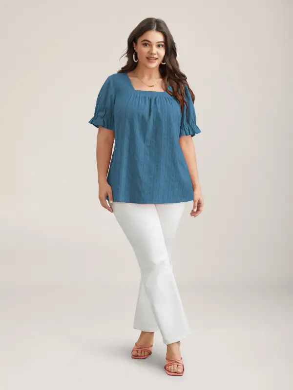 Cotton Square Neck Ruffled Sleeve Shirt