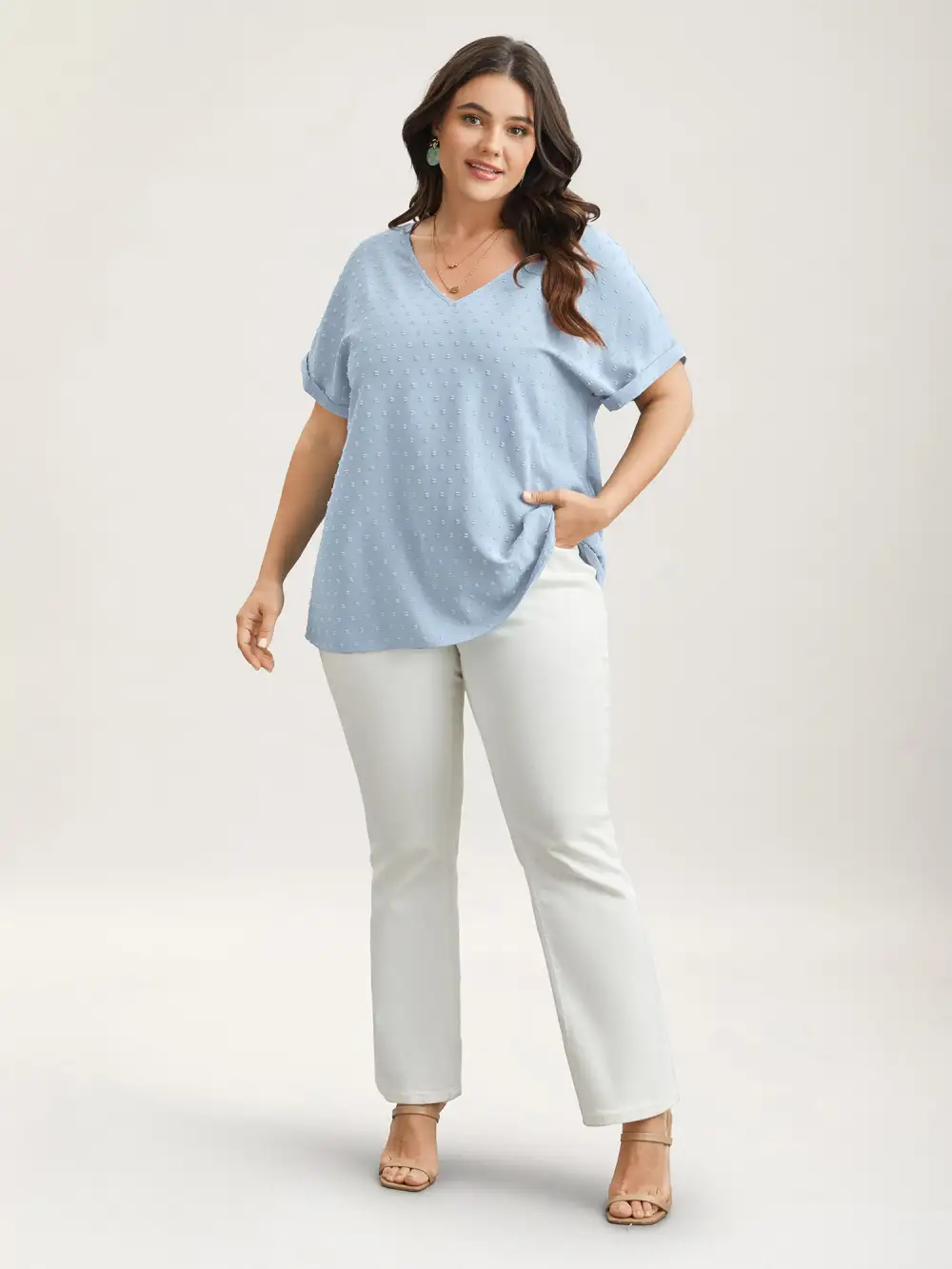 Back-Button Textured V-Neck Shirt