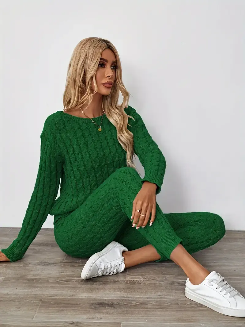 Solid Knitted Matching Two-piece Set, Casual Long Sleeve Sweater & Pants Outfits, Women's Clothing