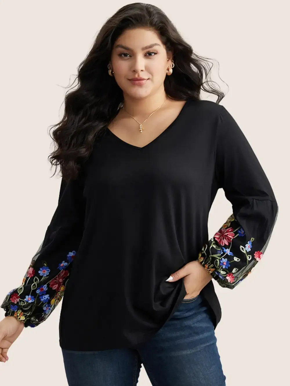Floral Embroidered Lantern Sleeve T-Shirt