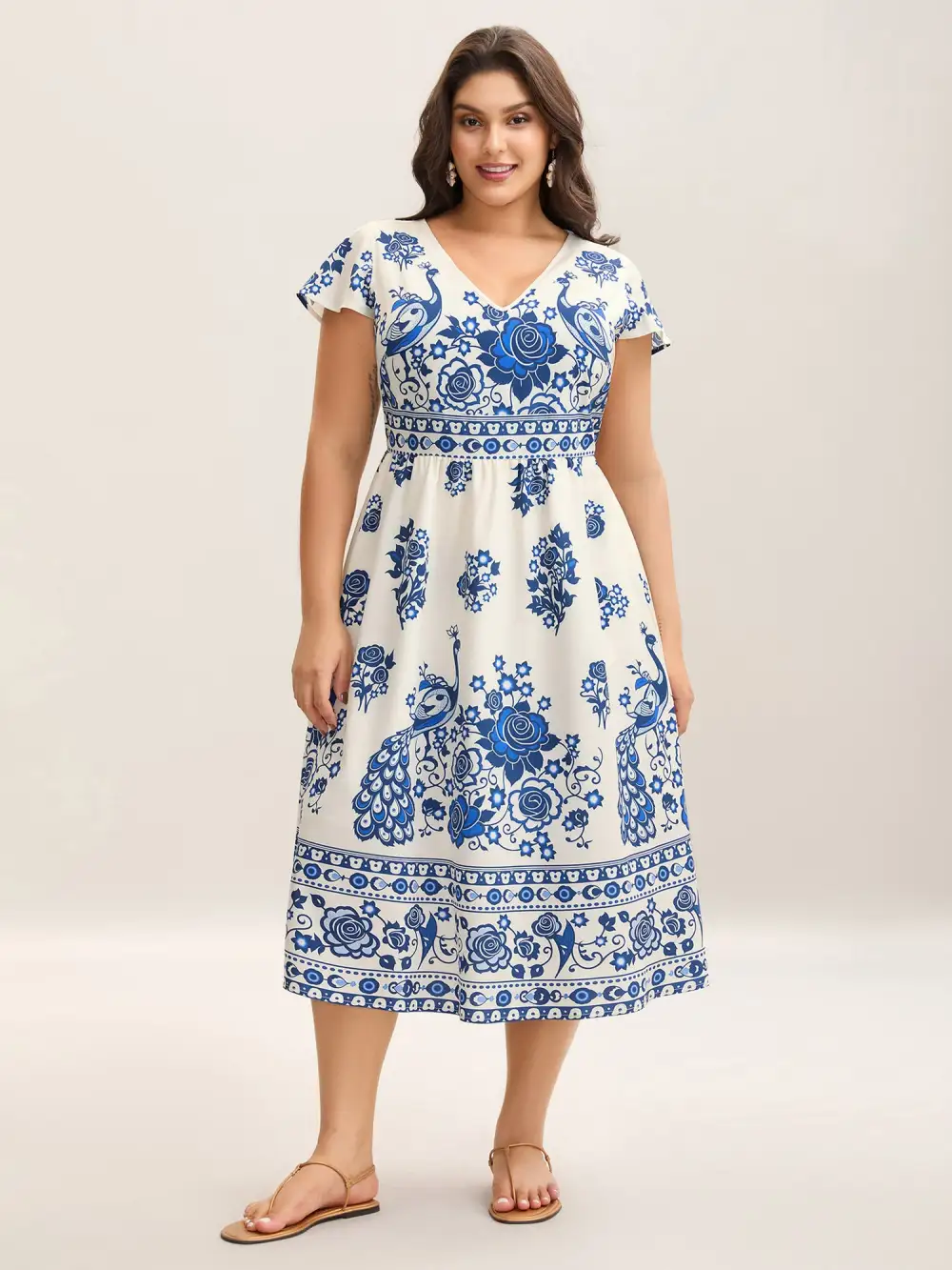 Boho Print V-Neck Pockets Midi Dress