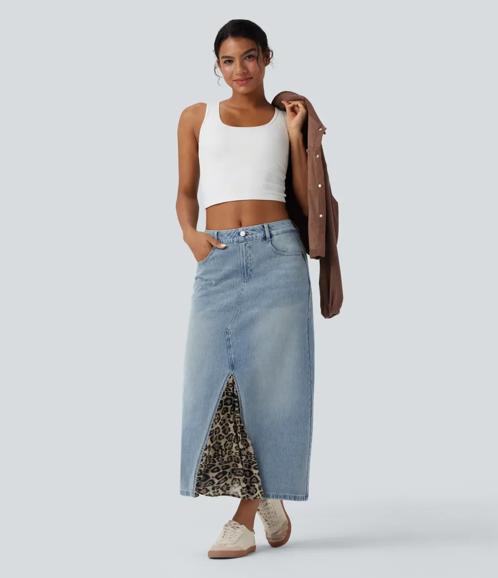 Halara FlexTM Mid Rise Contrast Leopard Mesh Midi Denim Casual A-line Skirt with Pockets