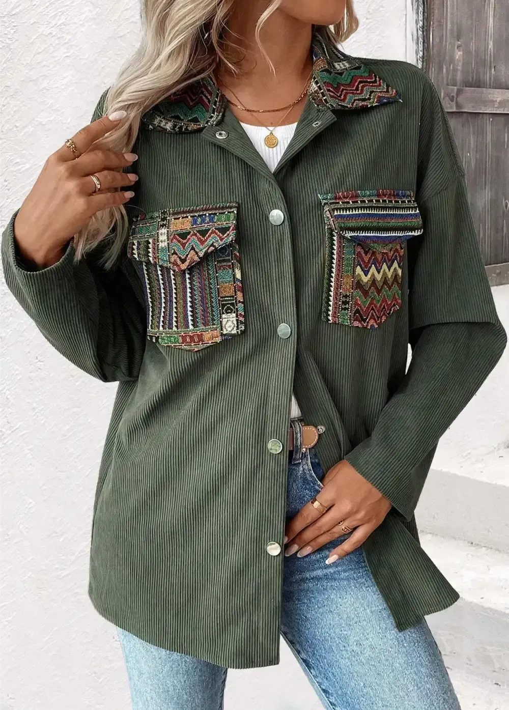 Green Corduroy Tribal Print Long Sleeve Coat
