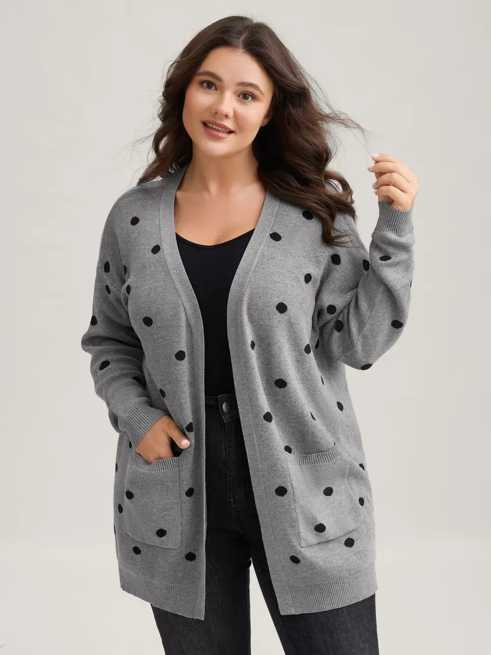 Polka Dot Kimono Collar Patch Pocket Cardigan