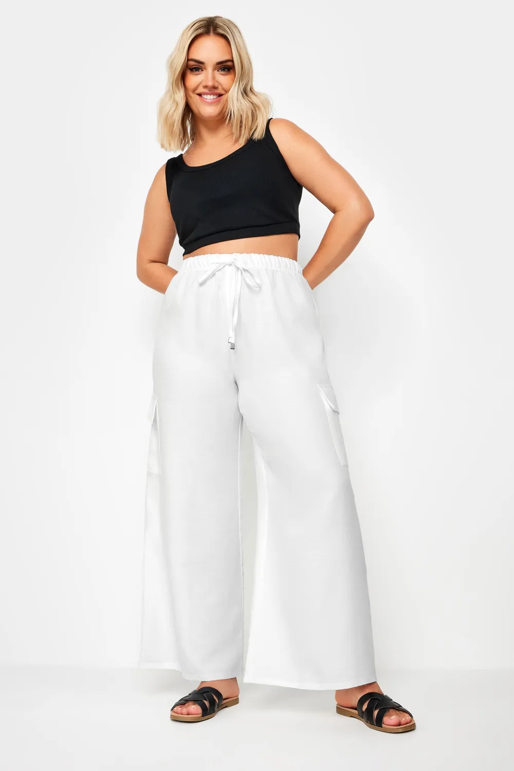 YOURS Curve Khaki Green Linen Look Cargo Trousers