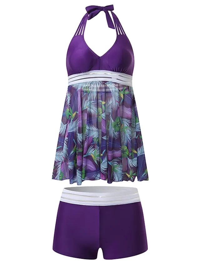 Women's Swimwear Tankini Swim Dress 2 Piece Plus Size Swimsuit 2 Piece Modest Swimwear Open Back Printing for Big Busts Leaf Floral Navy Blue Purple Green Padded V Wire Bathing Suits New Vacation Cute