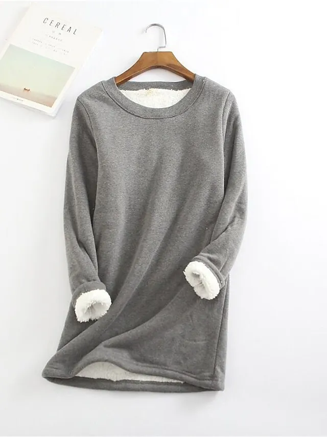 Women's Fleece Lounge Top Pure Color Warm Fashion Casual Home Street Daily Cotton Warm Crew Neck Long Sleeve Pullover Winter Denim Blue Melon red