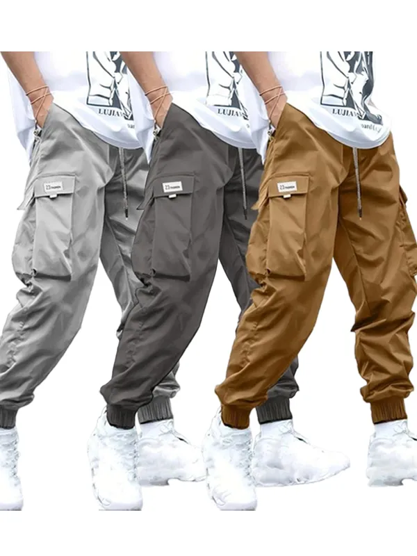 Men's Plus Size Cargo Pants – Solid Color, Drawstring, Flap Pockets