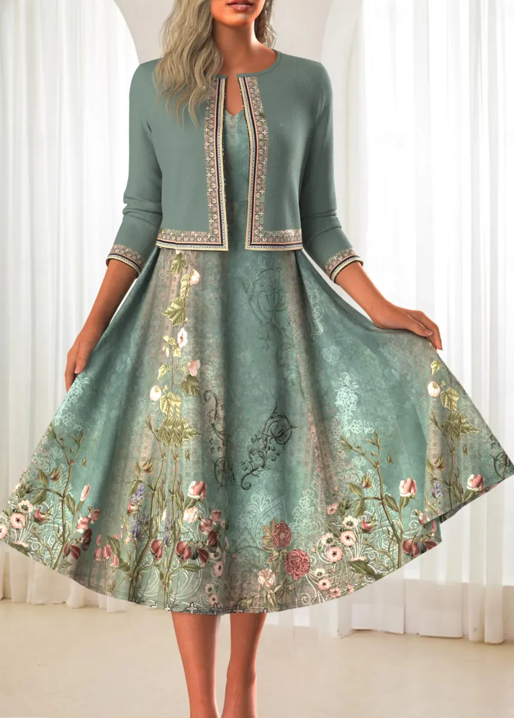 Sage Green Two Piece Floral Print Dress and Cardigan