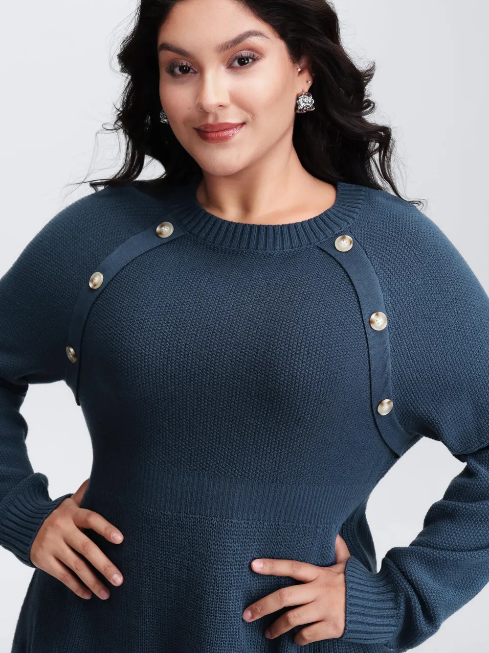 Textured Stretchy Waist Button Sweater Knee-Length Dress