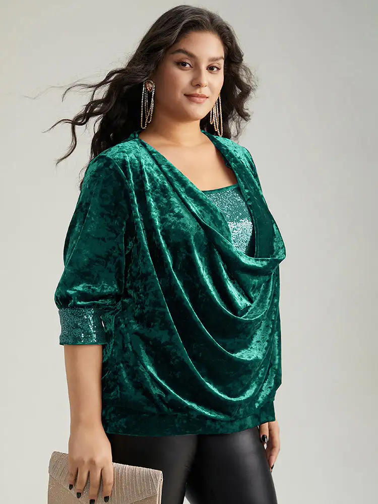 Cowl Neck 2-In-1 Sequin Patchwork Blouse