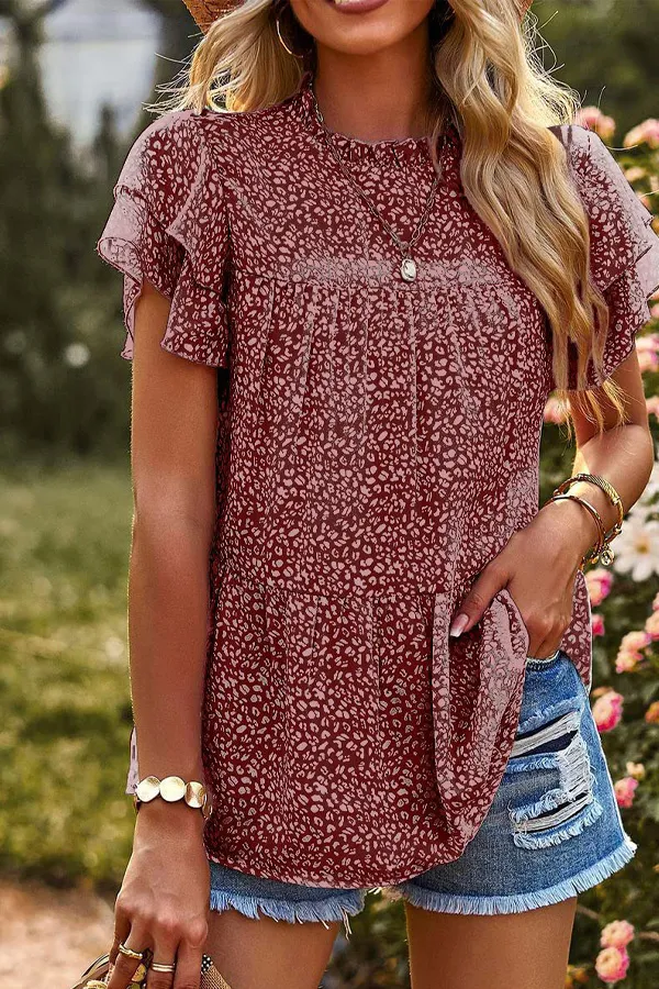 Animal Print Ruffle Chiffon T-Shirt