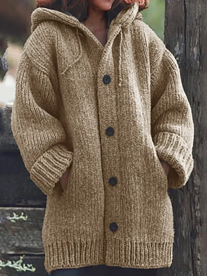 Button Down Hooded Knitted Cardigan Plus Size Knit coat