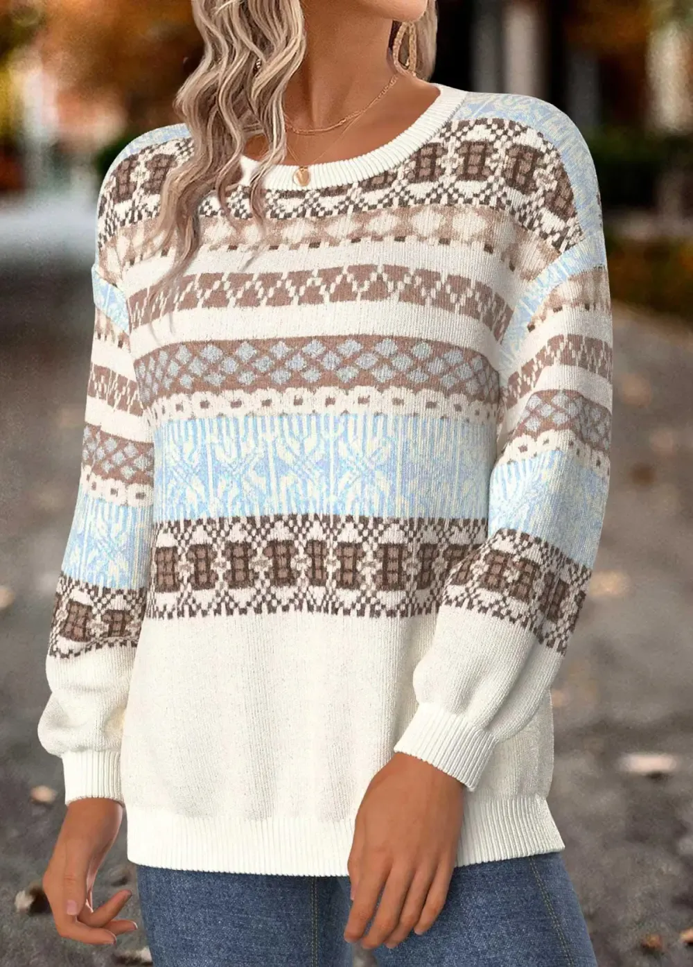 Beige Tummy Coverage Geometric Print Long Sleeve Sweatshirt