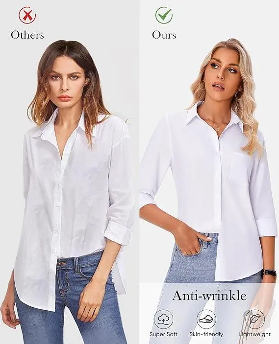 Women's Wrinkle-Free Long-Sleeve Button-Down Work Shirt(Wrinkle-Free, Long-Sleeve, Pocket)