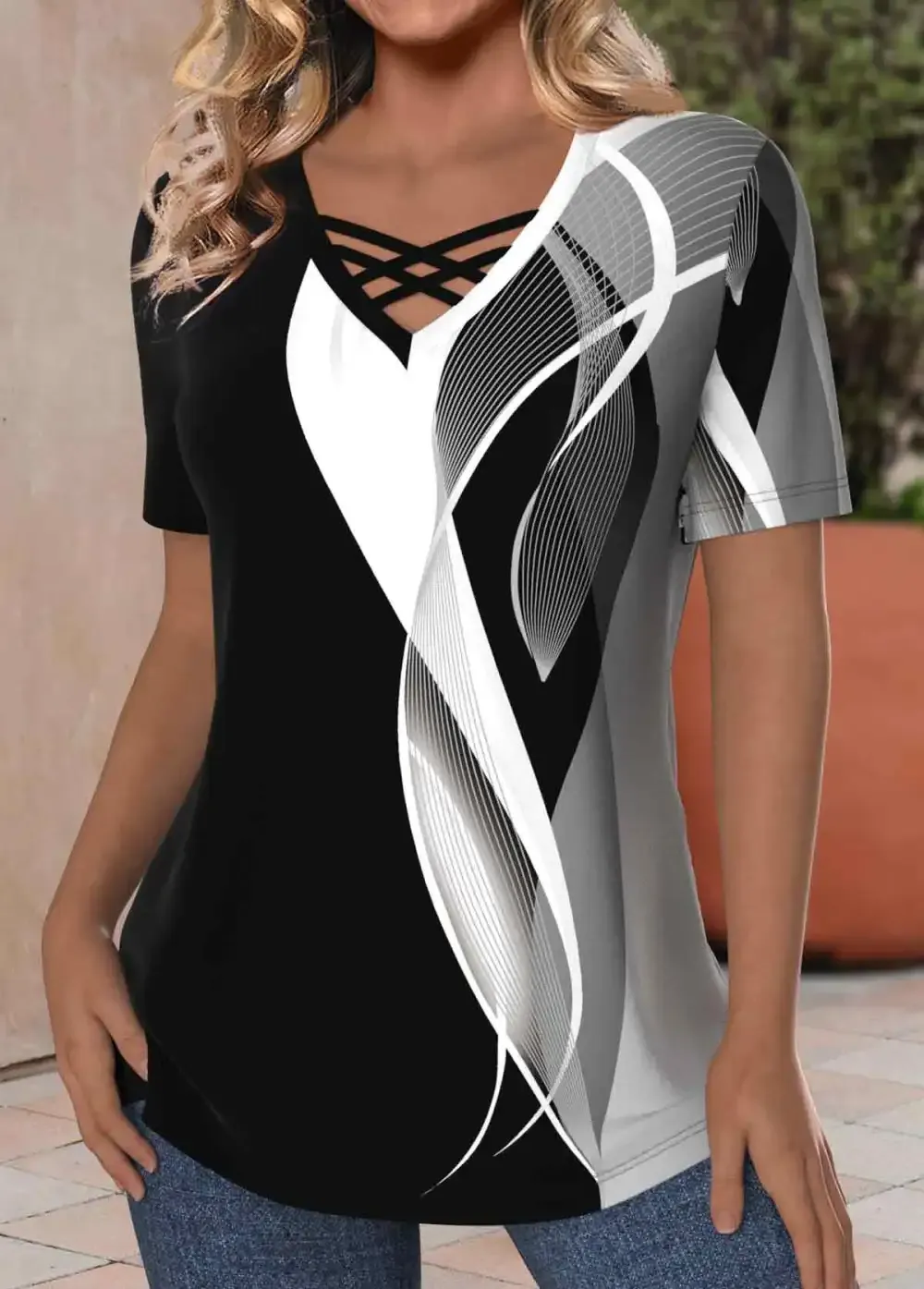 Black Criss Cross Geometric Print Short Sleeve T Shirt
