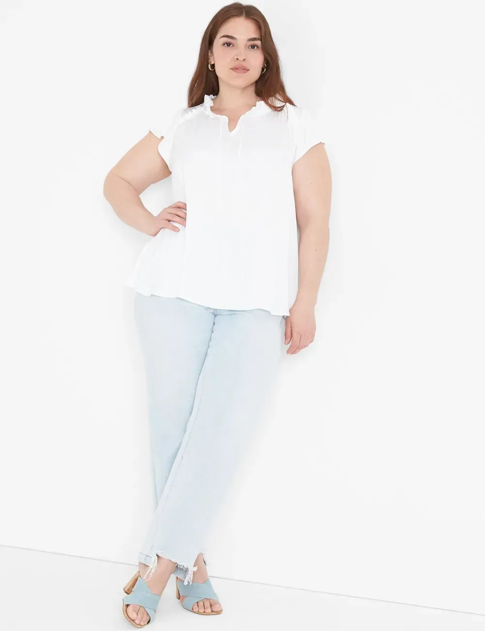 Flutter-Sleeve Woven Satin & Knit Top