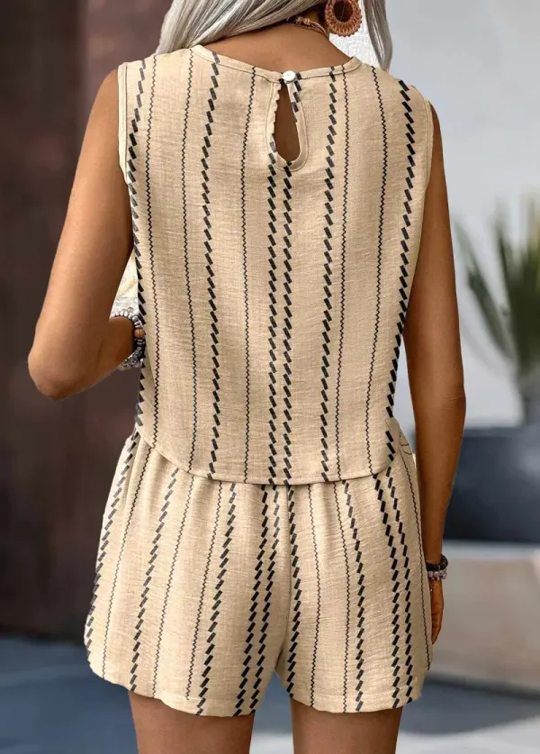 Light Camel Button Striped Sleeveless TOP and Shorts