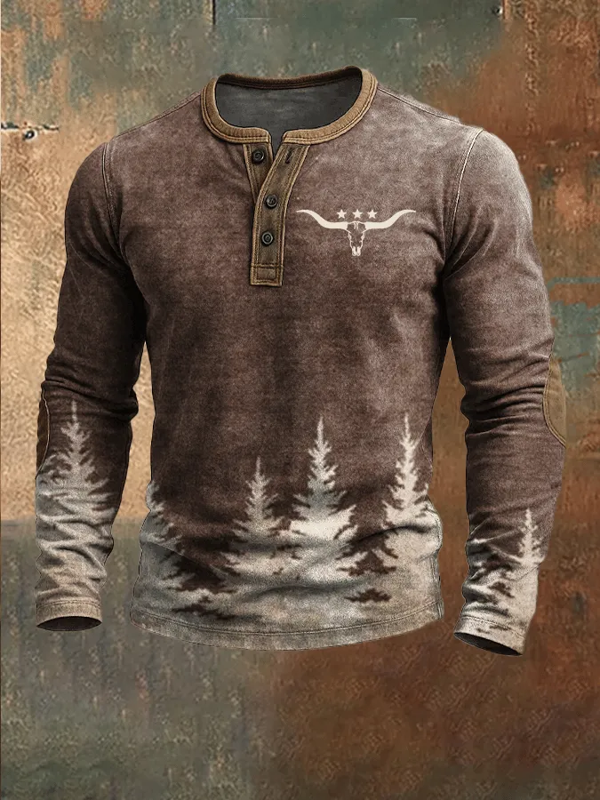 Men's Vintage Western Print Henley Top