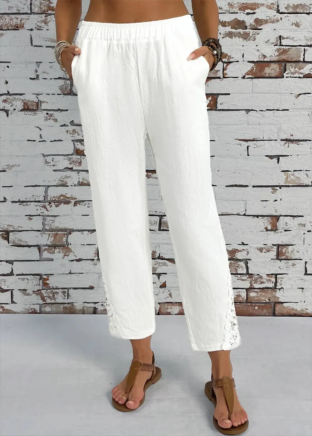 White Pocket Straight Leg Elastic Waist High Waisted Pants