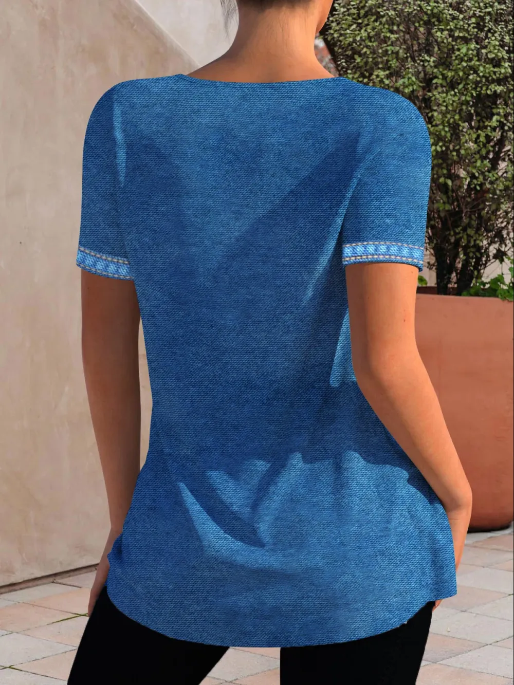 Summer Square Neck Plain Short Sleeve Button Split Tunic Tops T-shirt/Tee